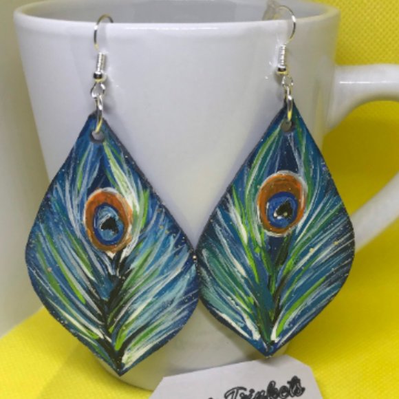Peacock genuine leather hand painted drop earrings - Picture 1 of 3